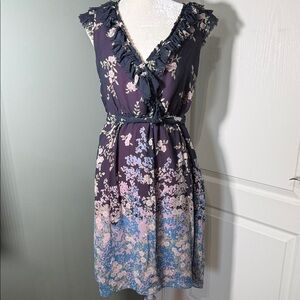 Adrianna Papell Silk Floral Ruffle Dress Size 12 Belted V-Neck Sleeveless